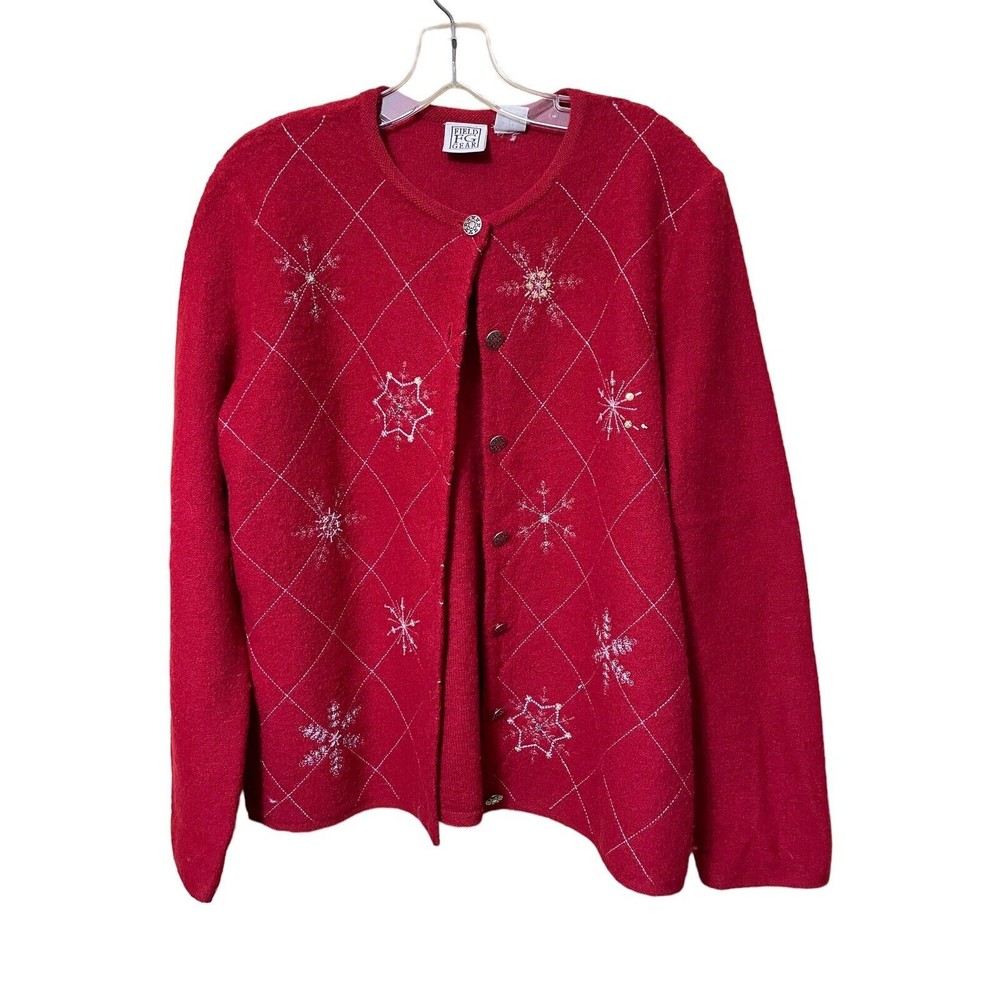 Field Gear Holiday Cardigan Sweater Boiled Wool Snowflakes Size L Vintage